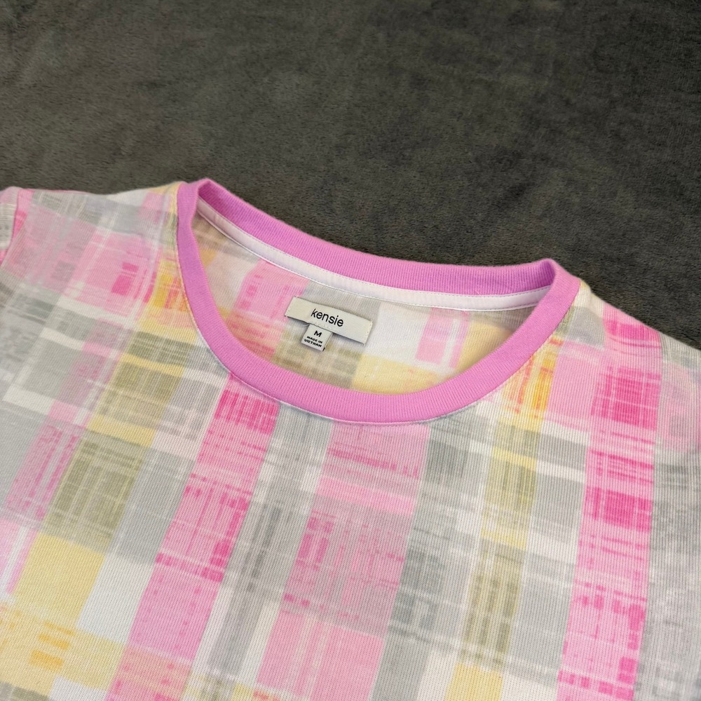 Kensie Plaid Crewneck T-Shirt Womens Medium Pink Pastel High‎ Low Hem NWT